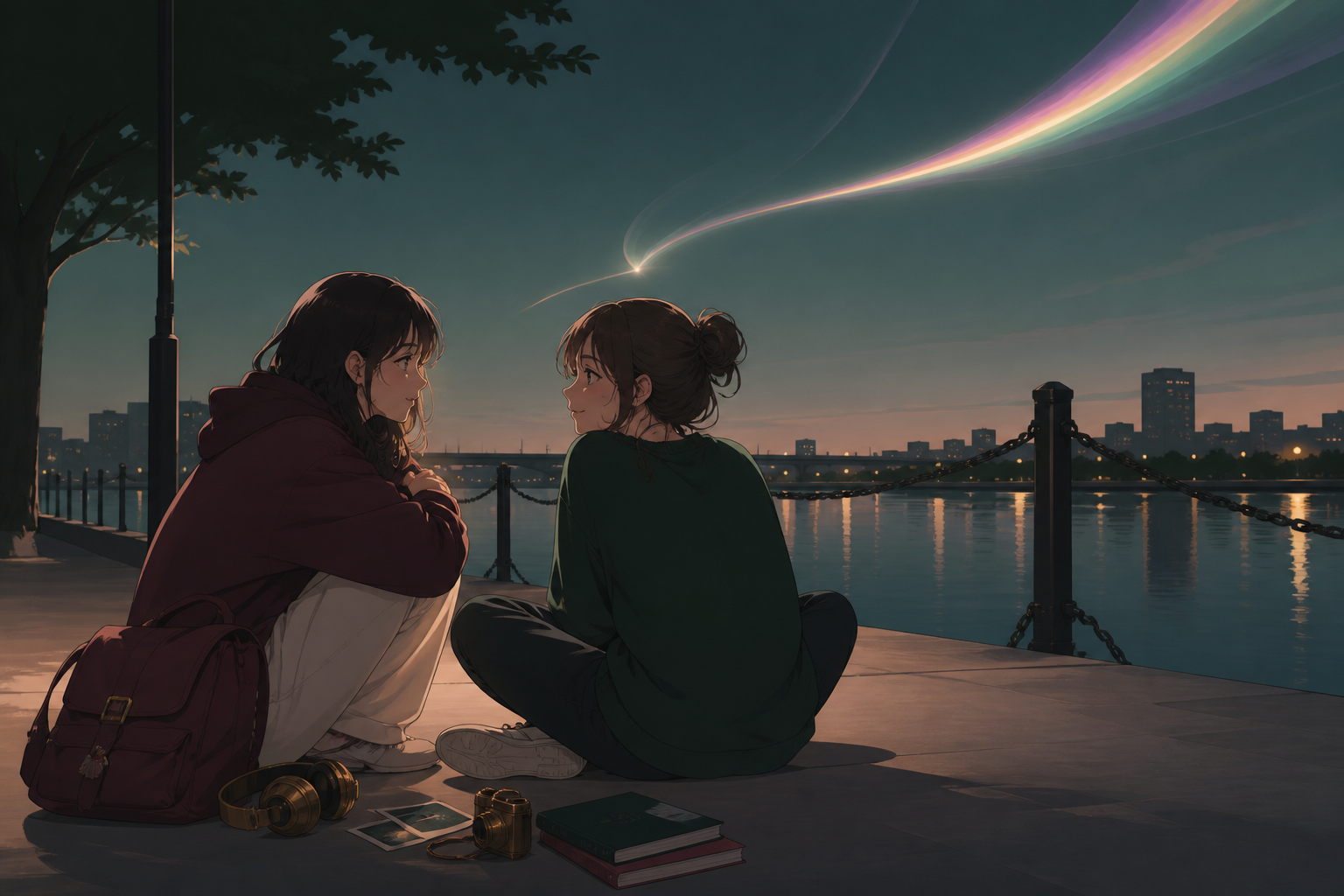 Two best friends reconciling beside a quiet riverside path, during a small emotionally honest moment rather than a grand event. Wide quiet frame allowing meaningful space around the friends. Burgundy, midnight green, bon