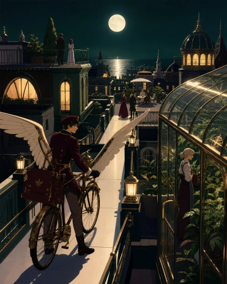 A courier landing a winged bicycle beside a rooftop greenhouse, on a quiet weekend when residents use the shared roof together. Elevated path-like composition connecting several ne