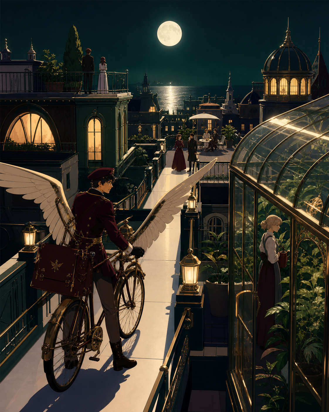 A courier landing a winged bicycle beside a rooftop greenhouse, on a quiet weekend when residents use the shared roof together. Elevated path-like composition connecting several neighboring rooftops. Burgundy, midnight g