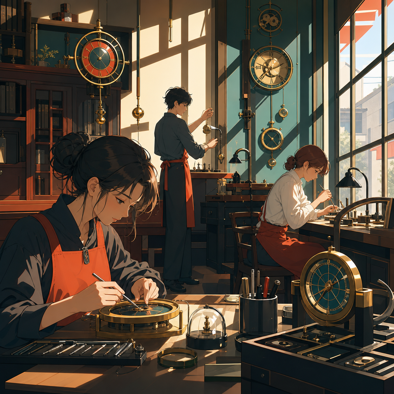 A clock repair shop specializing in broken moments rather than machines, during a busy workday filled with several precise ongoing tasks. Close observational composition layered with tools in foreground and active work b