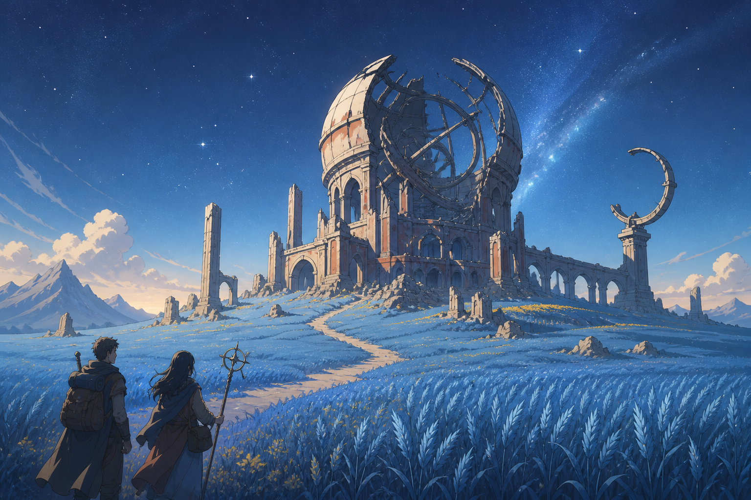 A ruined observatory surrounded by fields of luminous blue wheat, with tiny travelers revealing the monumental scale. Epic establishing shot with a clear visual path into the world. Clay red, sage, faded denim, and sunfl