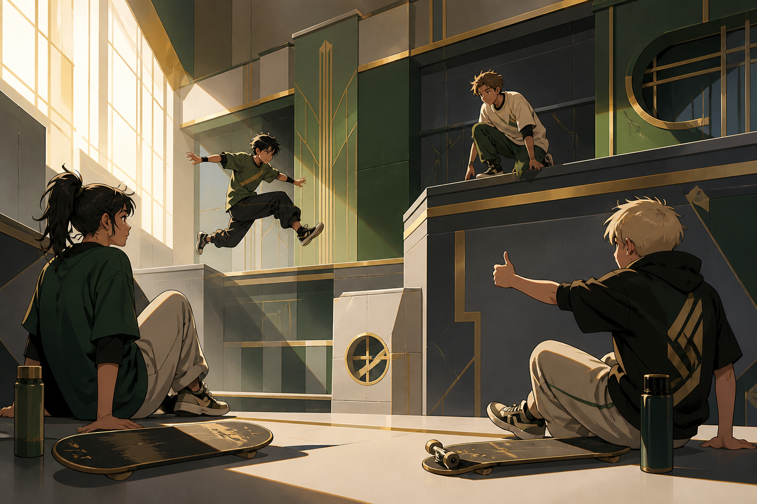 Young parkour friends mapping a safe route across geometric rooftops, during practice where encouragement matters more than competition. Low wide frame emphasizing the complete motion and landing area. Moss green, slate 