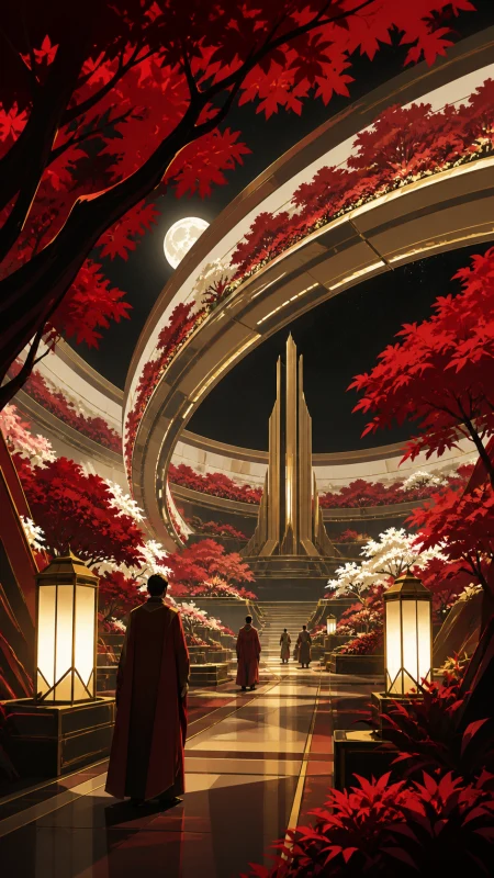 An orbital botanical park curving overhead inside a ring habitat, at peak seasonal color represented through broad clean masses. Visitor-height view framed by large branches and a 