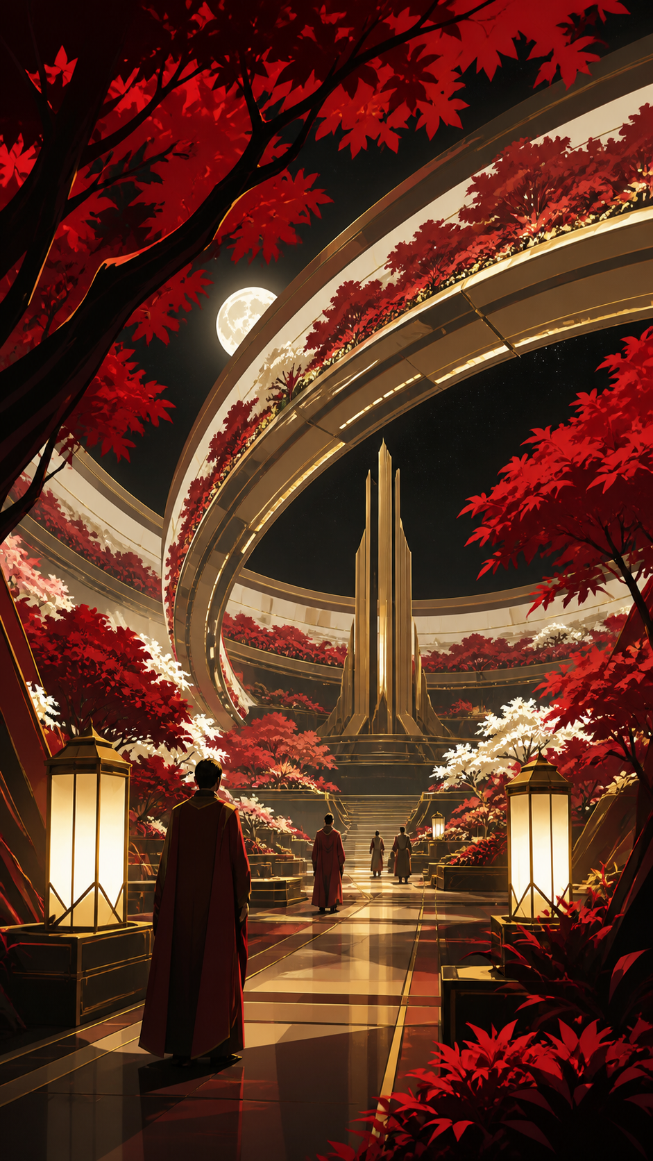 An orbital botanical park curving overhead inside a ring habitat, at peak seasonal color represented through broad clean masses. Visitor-height view framed by large branches and a distant landmark. Crimson, black cherry,
