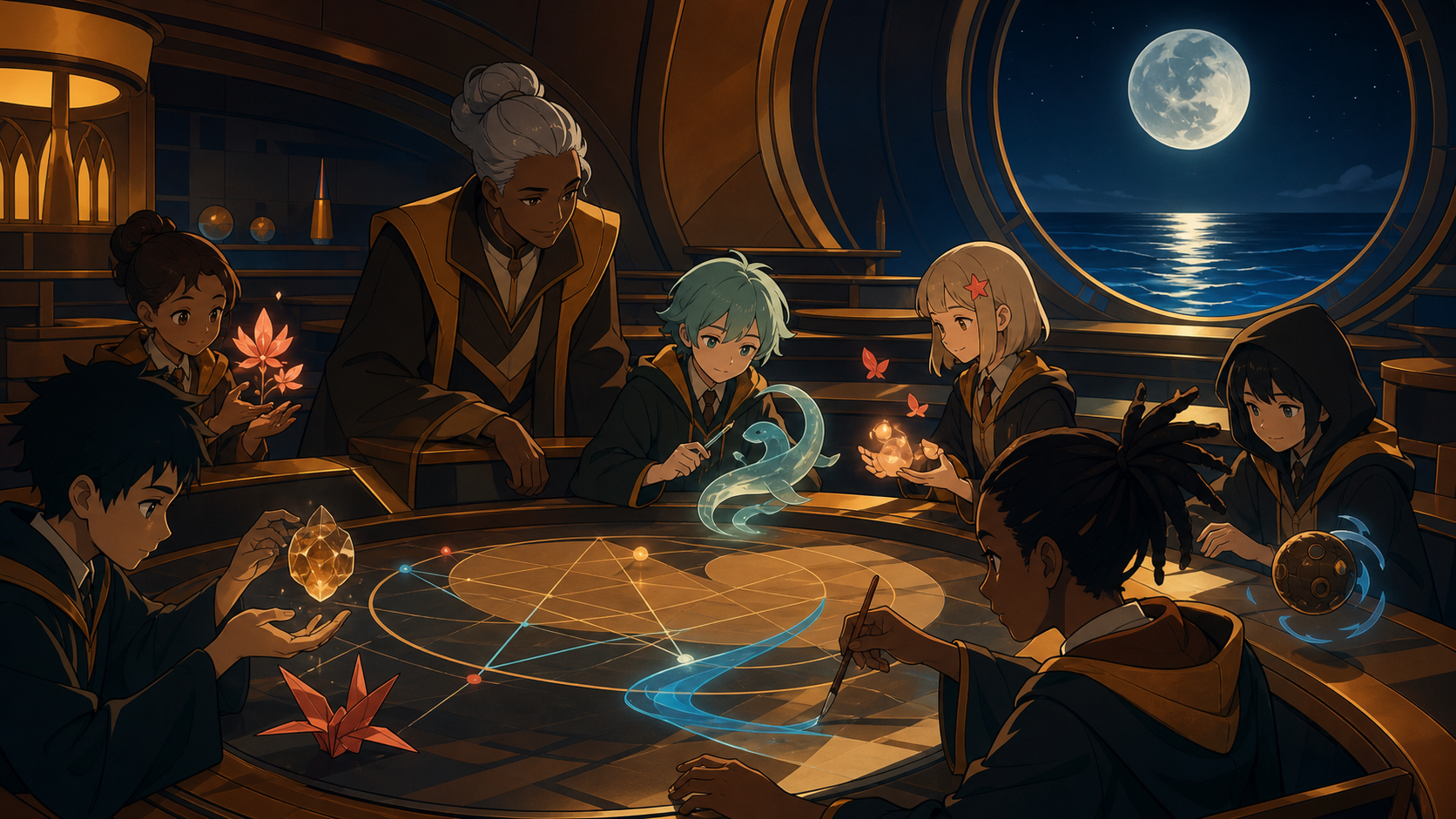 A class where each student's harmless magic appears differently, during a cooperative exam that rewards kindness and creativity. Intimate teacher-student frame with the magical problem visible. Amber, walnut brown, rain 