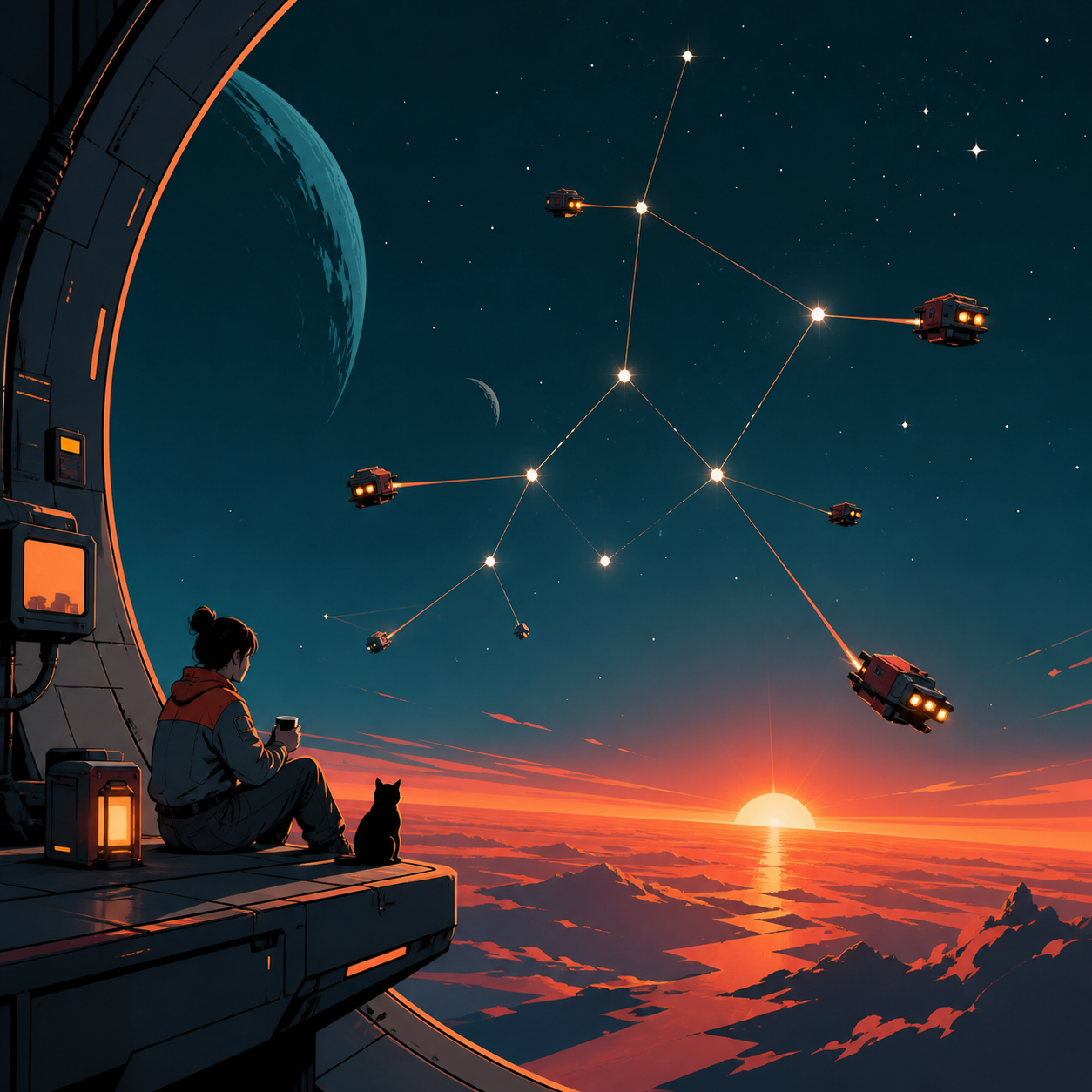 A constellation being carefully stitched back together by tiny maintenance ships, seen during an impossible sunrise with intimate signs of daily life. Expansive widescreen composition with strong negative space. Petrol b