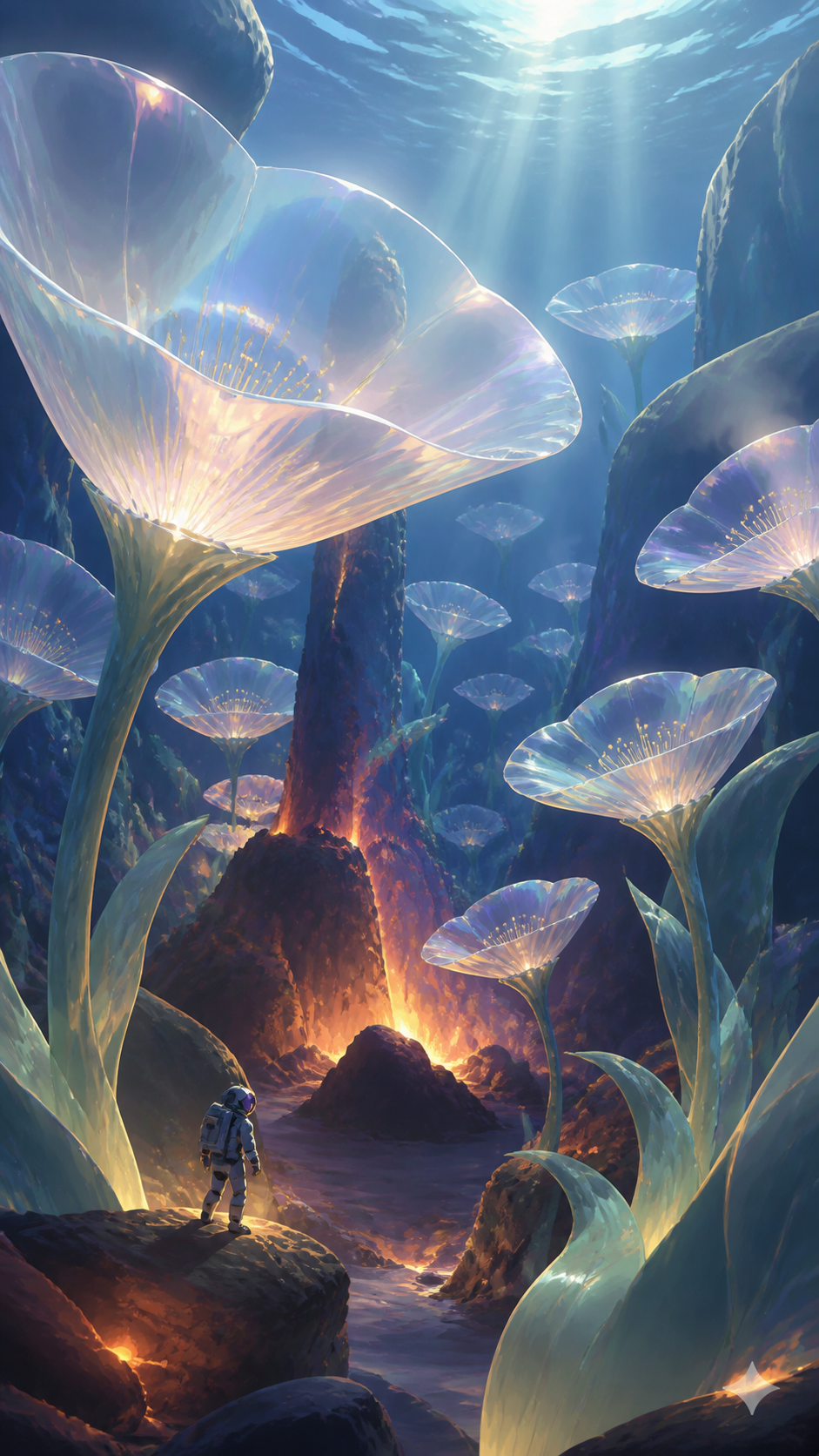 A garden of enormous translucent flowers growing around a warm volcanic vent, during the brief hour when sunlight reaches the seafloor. Vertical descent composition with a tiny explorer providing scale. Moonlit indigo, o