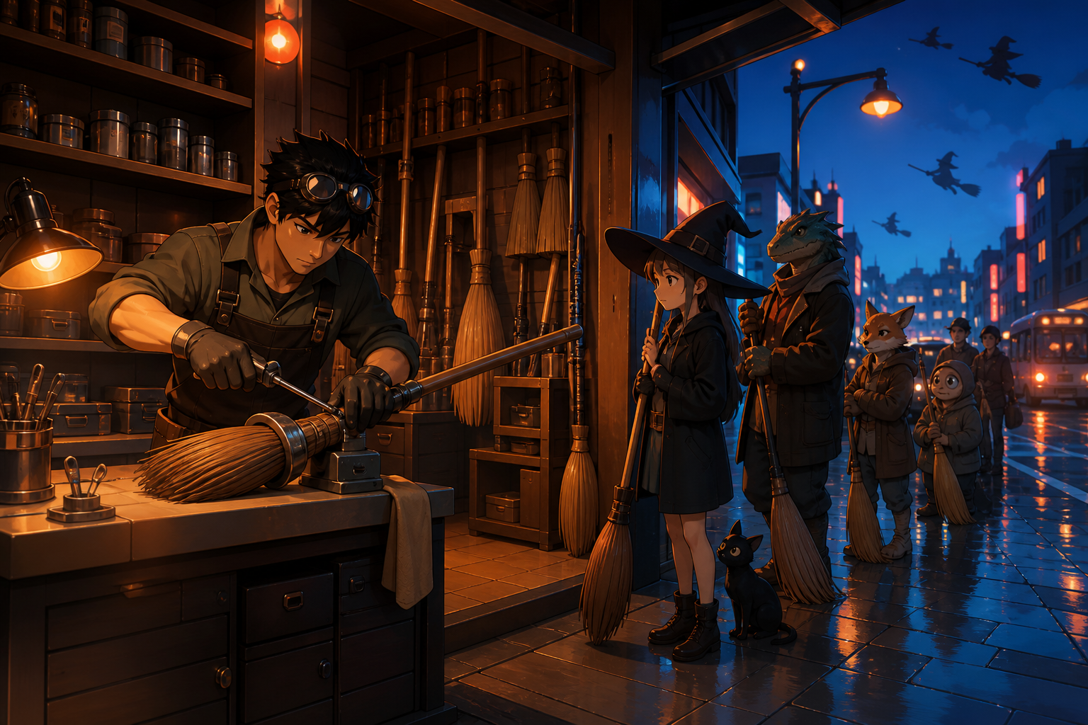 A roadside mechanic servicing broomsticks during the evening rush, while a line of unusual customers waits with patient familiarity. Wide neighborhood view connecting the shop interior to activity outside. Amber, walnut 