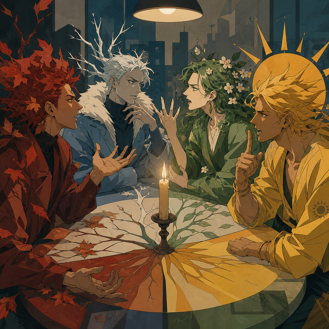 The four seasons arguing around a kitchen table through symbolic forms, balanced between abstraction and a clearly readable emotional idea. Carefully staged surreal tableau with a single unmistakable focal point. Clay re