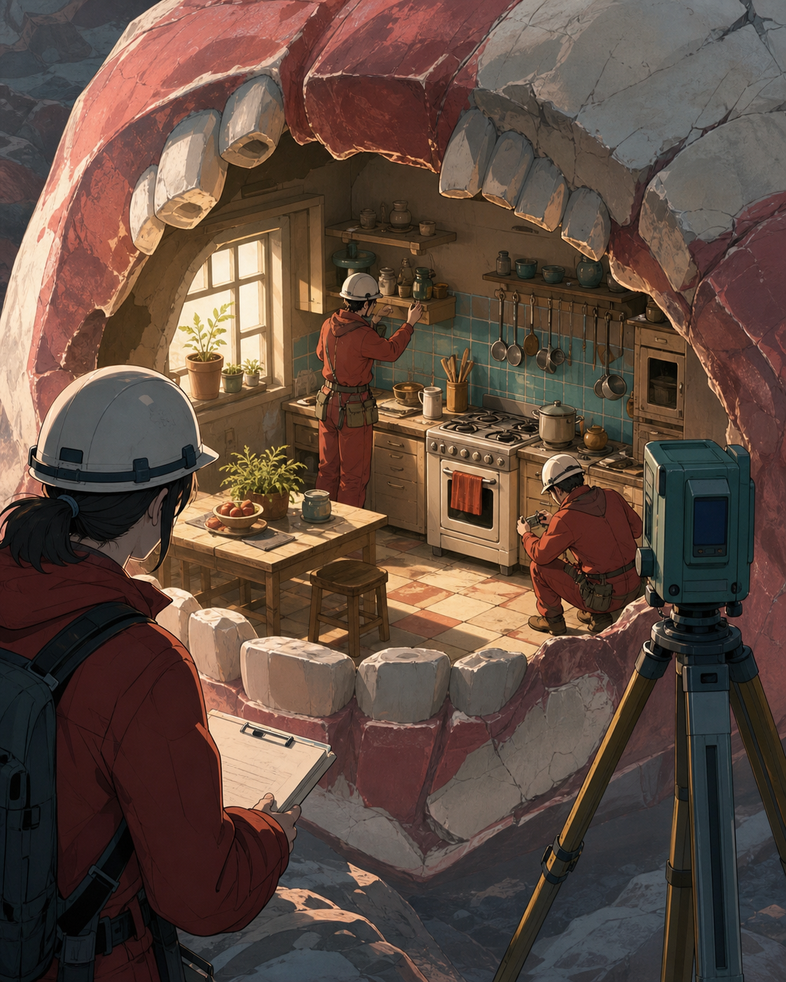 A research team entering a perfectly preserved kitchen inside a buried titan, during patient fieldwork rather than treasure-hunting spectacle. Over-the-shoulder reveal framed by excavation equipment. Vermillion, charcoal