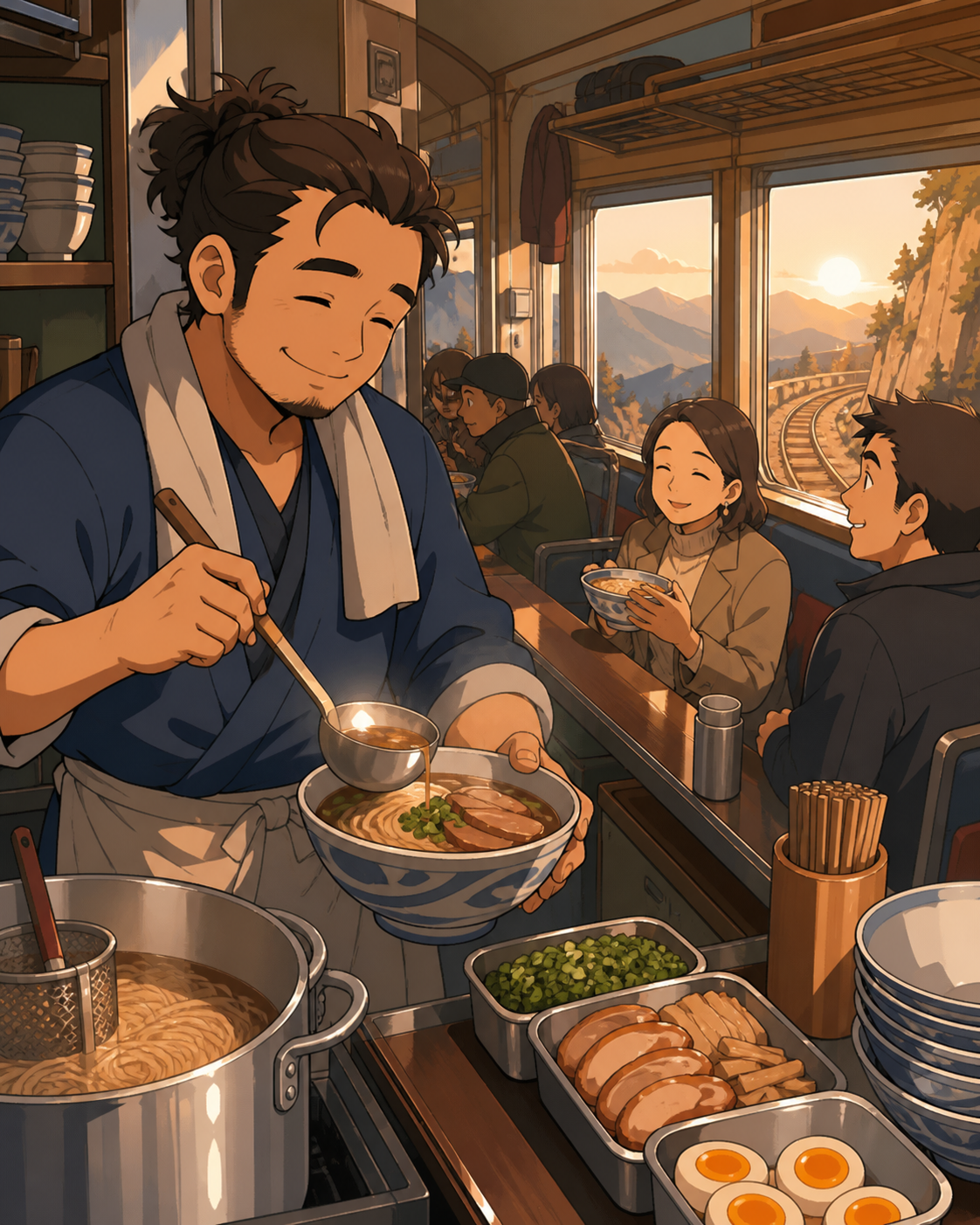 An adult noodle chef serving commuters aboard a narrow mountain railway, shown through the rhythm of preparation and service. Wide kitchen-and-dining frame linking preparation to the people being served. Sun-bleached pea
