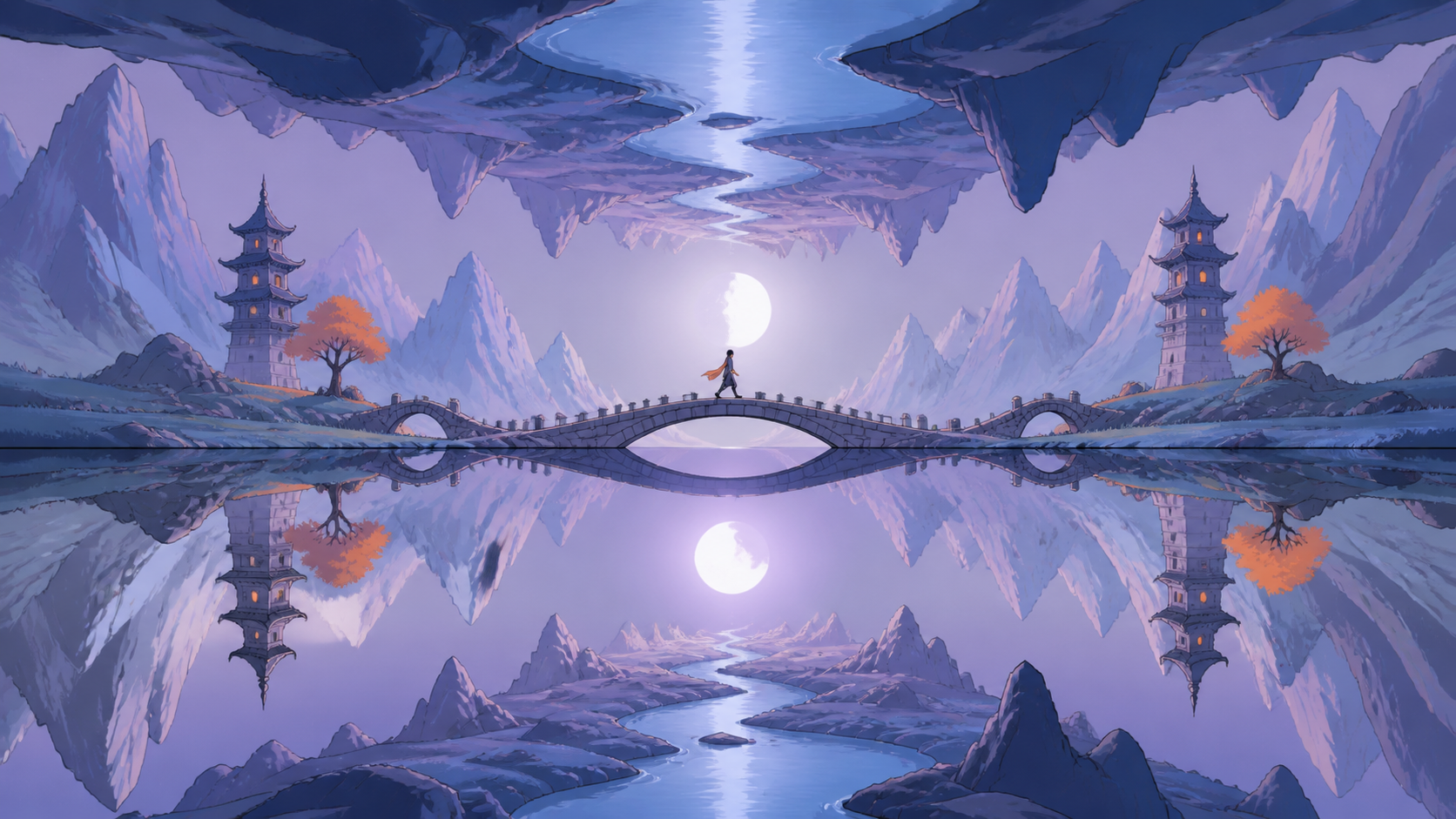 A river flowing between mirrored mountain valleys above and below, as a traveler crosses the point where gravity changes direction. Symmetrical wide frame with opposing worlds above and below. Pale lavender, icy blue, gr