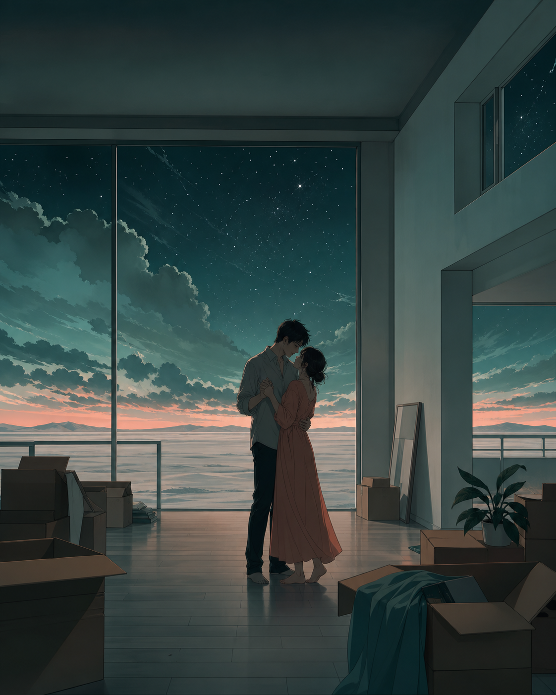 An adult couple slow-dancing while packing an almost-empty apartment, during a bittersweet transition with the environment carrying the emotion. Observational long shot where one small gesture becomes the focal point. Se