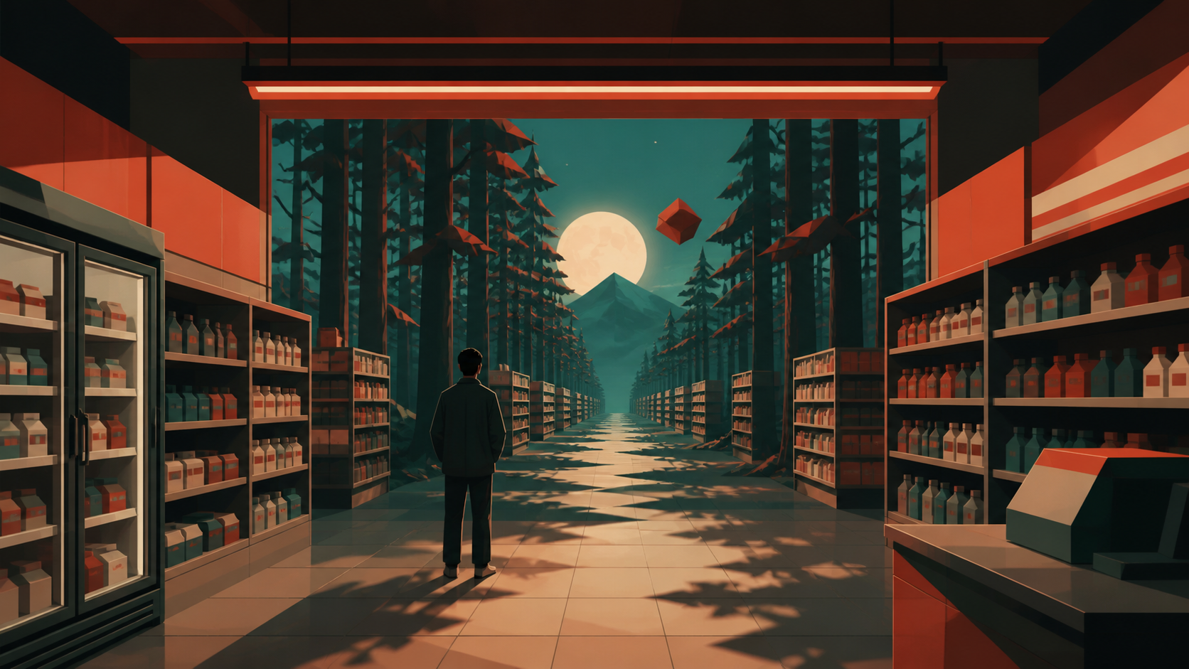 A late-night convenience store whose aisles extend into a moonlit forest, quiet and beautiful enough to invite curiosity despite the unease. Still symmetrical frame disturbed by one small impossible detail. Vermillion, c