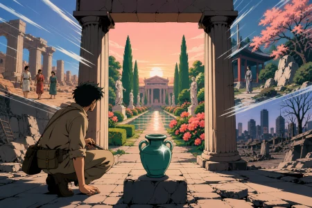 An archaeologist watching a vanished garden briefly return around them, as one ordinary object remains unchanged across every era. Centered architectural frame with time changing t
