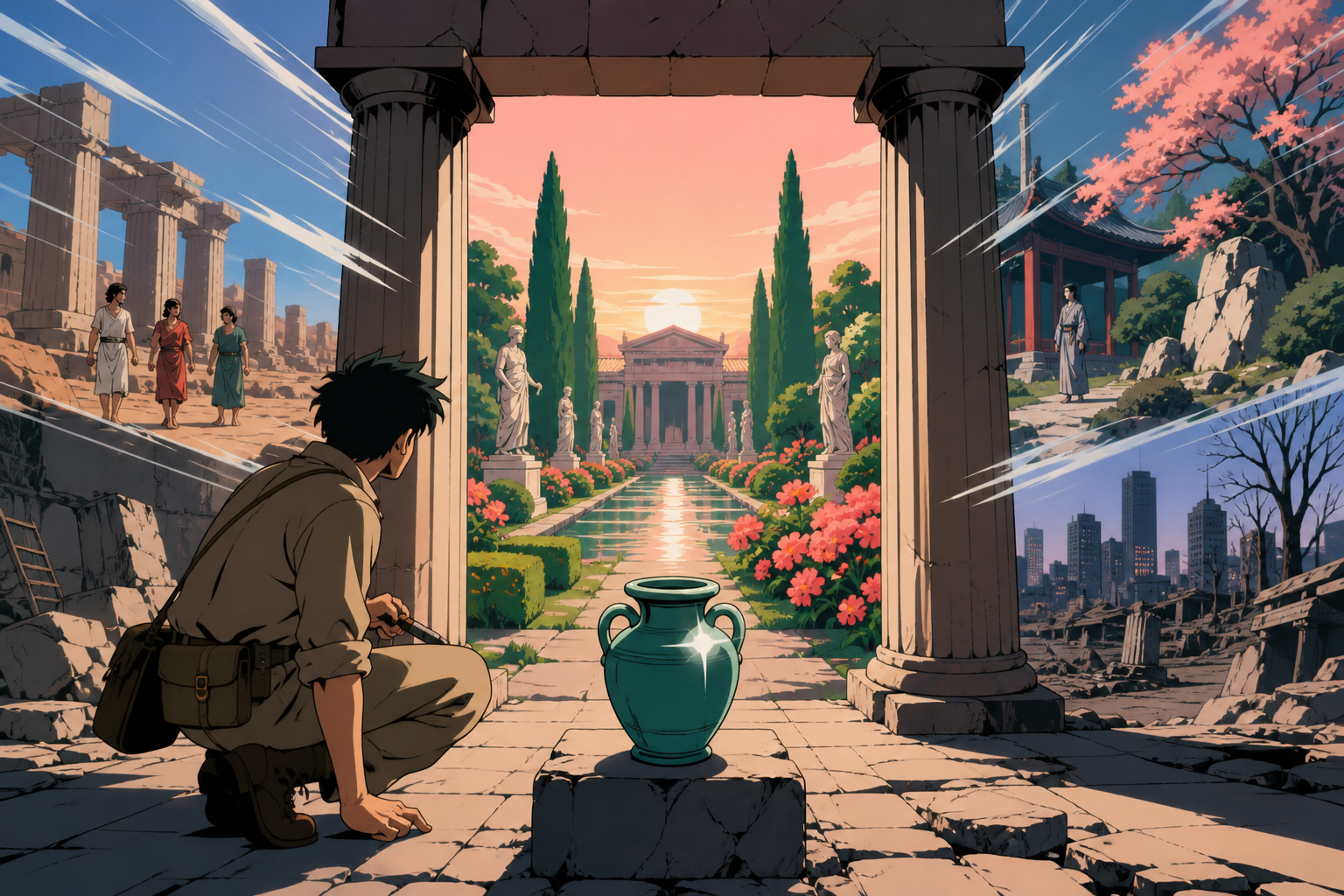 An archaeologist watching a vanished garden briefly return around them, as one ordinary object remains unchanged across every era. Centered architectural frame with time changing toward the edges. Celadon, coral pink, in