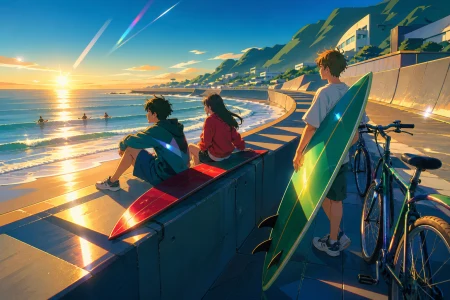 Teen surfers waiting together for a calm final wave, during a bright relaxed day built around companionship and place. Wide coastal frame with people distributed along a clear shor