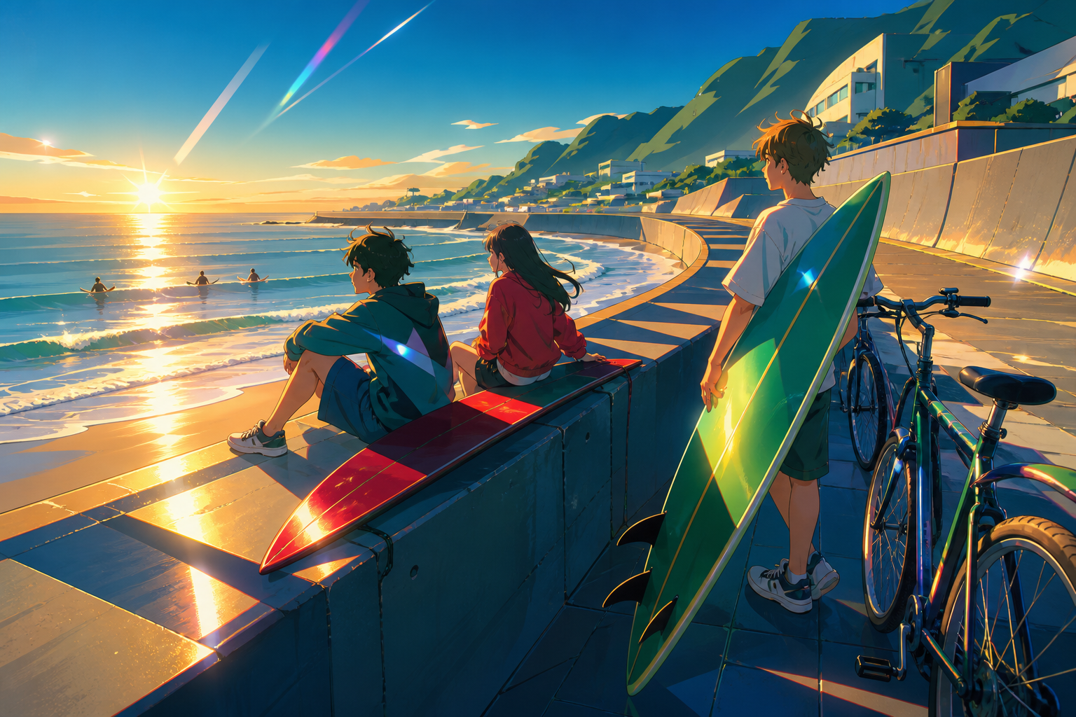 Teen surfers waiting together for a calm final wave, during a bright relaxed day built around companionship and place. Wide coastal frame with people distributed along a clear shoreline. Emerald, stained-glass ruby, lapi