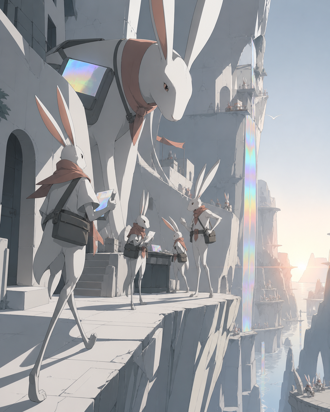 A cliffside postal route maintained by long-legged rabbit couriers, as a minor civic problem brings several personalities together. Street-level view immersed in the society's everyday architecture. Monochrome graphite w