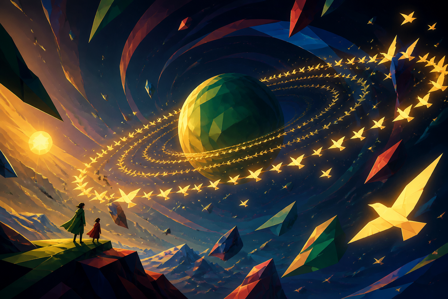 A ringed planet whose rings are made from migrating luminous birds, at the calm center of a vast gravitational phenomenon. Expansive widescreen composition with strong negative space. Emerald, stained-glass ruby, lapis, 