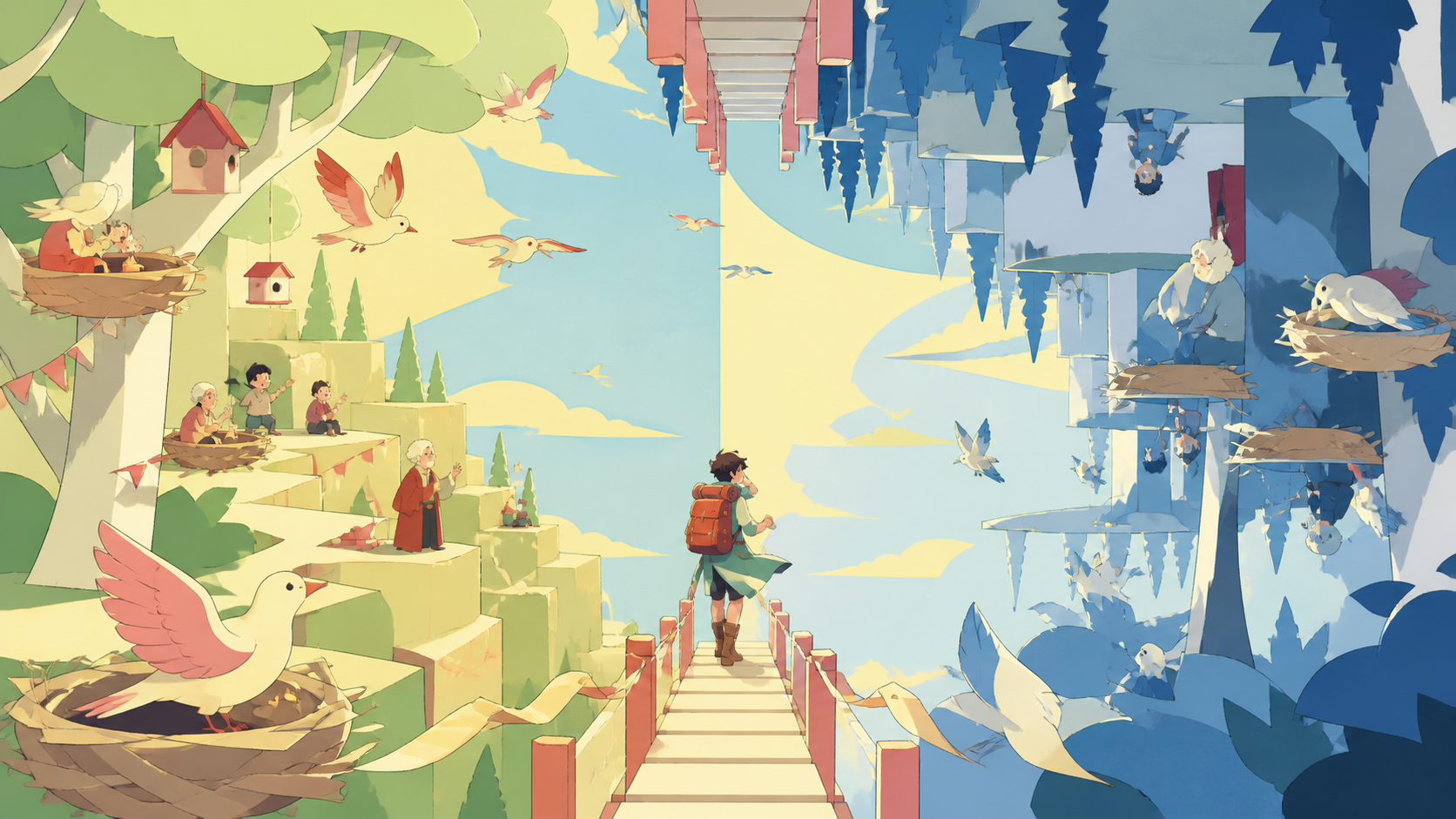 Birds calmly nesting between two opposing forests, as a traveler crosses the point where gravity changes direction. Vertical bridge view emphasizing the shared open-air center. Soft pistachio, butter yellow, powder blue,