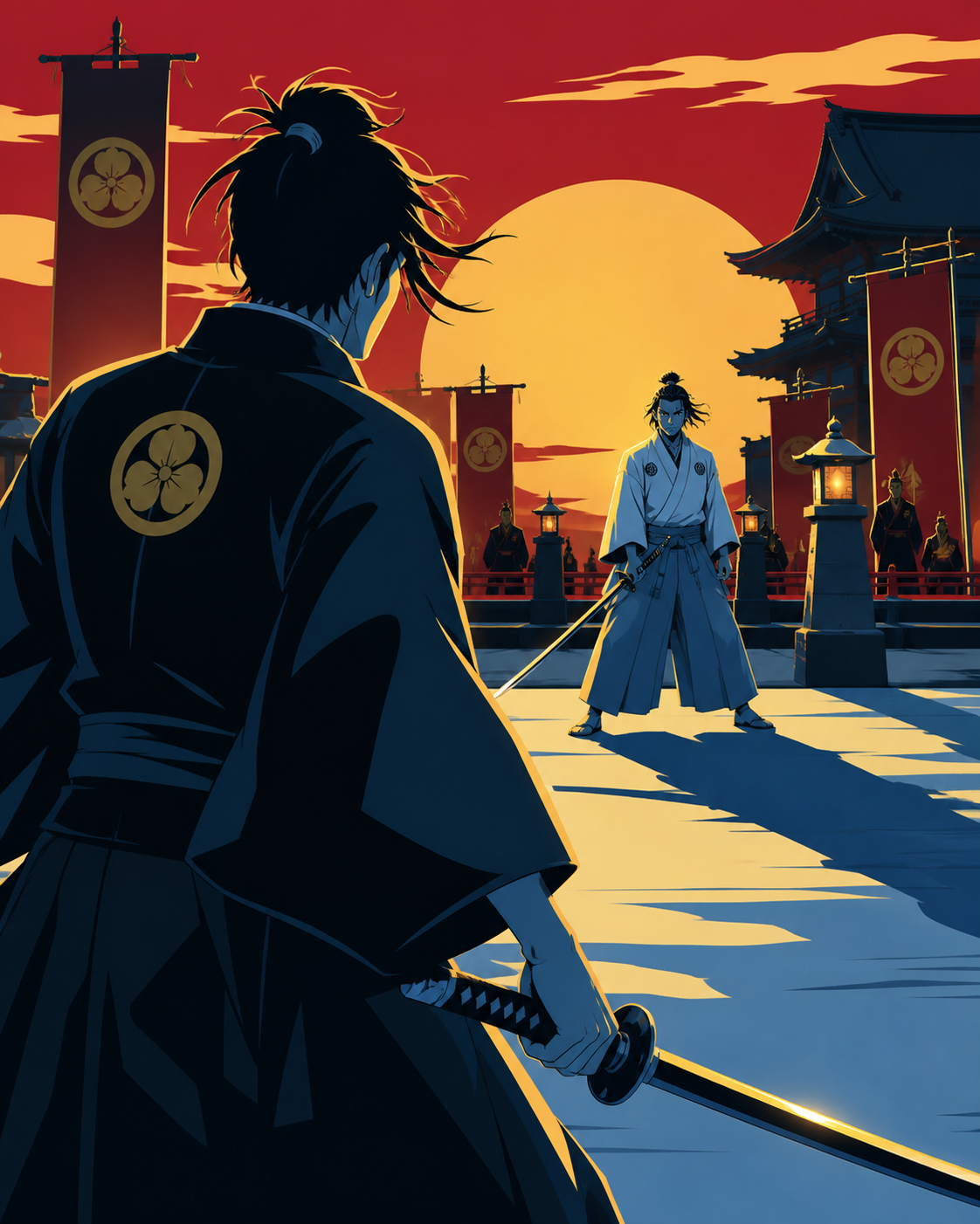 Two spirit samurai settling a century-old argument through one final form, during a formal challenge governed by clear ritual. Over-the-shoulder confrontation with the opponent and setting clearly visible. Pine black, sn