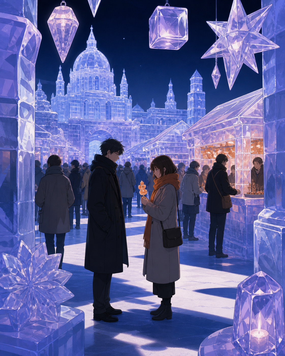 A winter night market carved entirely from colored ice, shown at its busiest while one quiet interaction anchors the scene. Layered festival tableau framed by decorations close to the viewer. Pale lavender, icy blue, gra