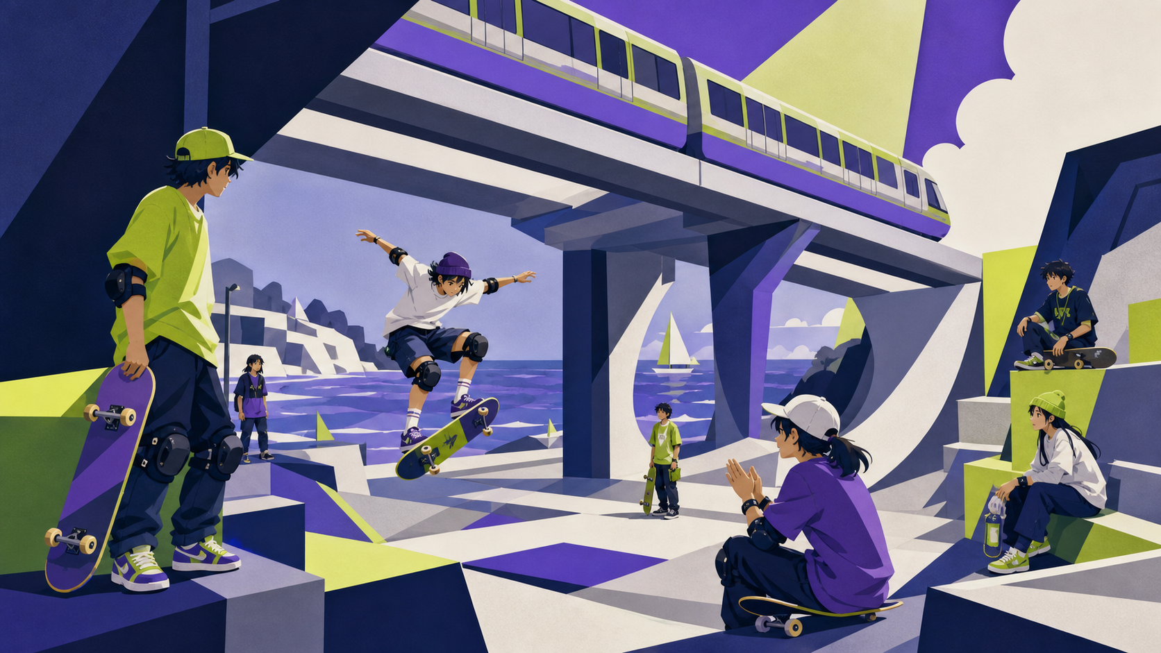 Teen skateboarders practicing beneath a coastal monorail, during practice where encouragement matters more than competition. Ensemble composition linking several different activities across the plaza. Acid lime, ultravio