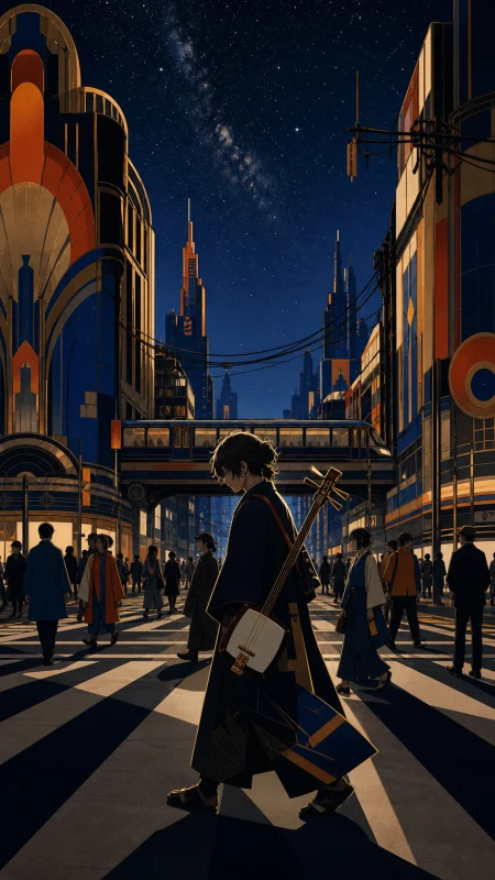 A tired musician carrying an electric shamisen through a midnight crosswalk, as an unexpected power outage reveals the real night sky. Wide intersection view balancing crowds, tran