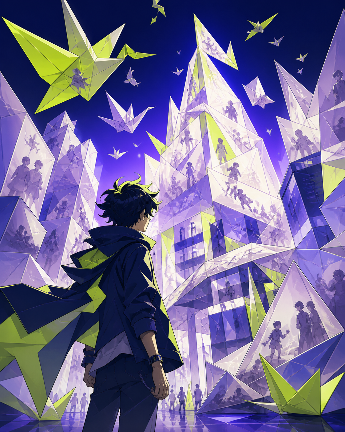 A city assembled entirely from folded memories represented as translucent paper, balanced between abstraction and a clearly readable emotional idea. Bold gallery-poster composition with no typography. Acid lime, ultravio