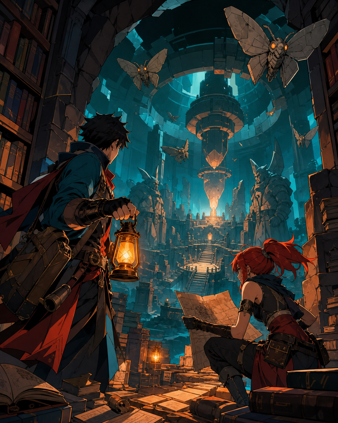 Two treasure hunters navigating a library patrolled by stone moths, at the first reveal of a spectacular unexplored chamber. Wide party tableau that makes the environment feel explorable. Petrol blue, oxide red, industri