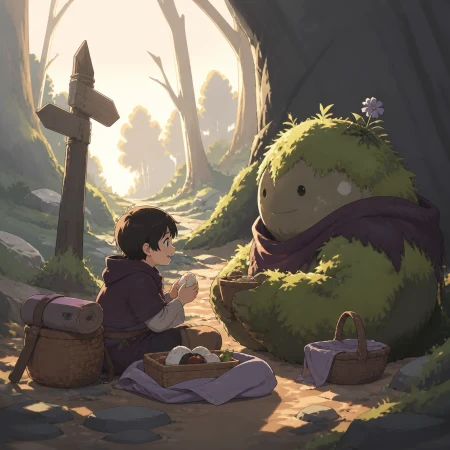 A child sharing lunch with a round moss guardian beside a path, on a gentle journey through large simplified woodland forms. Eye-level storybook frame centered on the unlikely frie