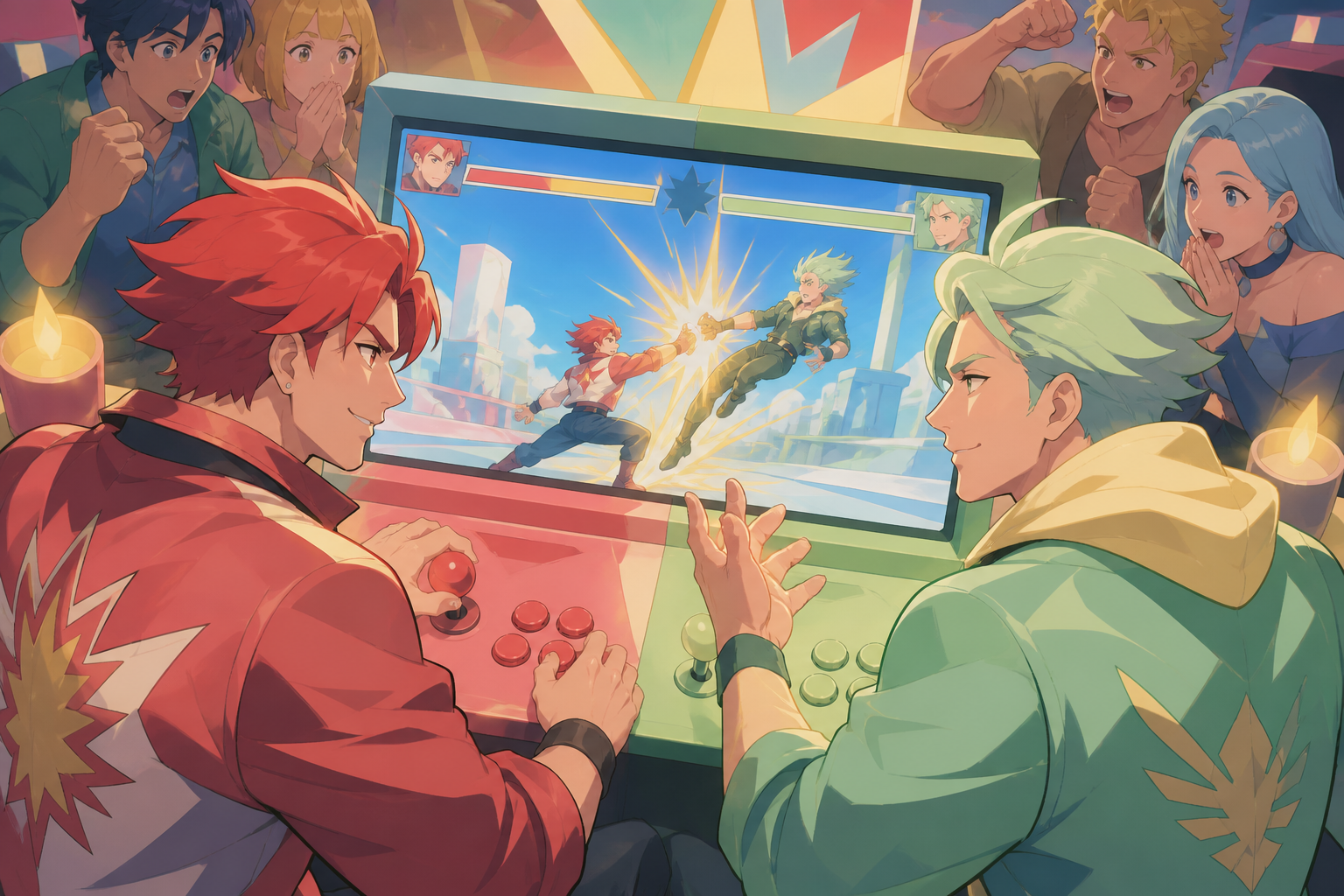 Two rival arcade champions meeting for a friendly rematch after many years, as one surprising move changes everyone's expectations. Overhead-leaning social composition centered on one decisive move. Soft pistachio, butte