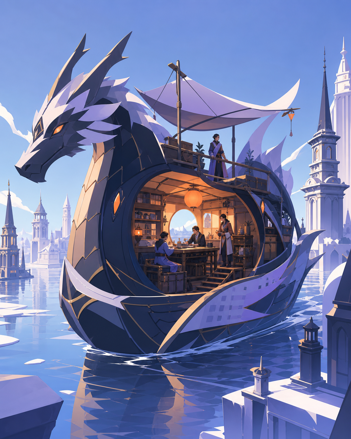 A dragon-shaped riverboat transporting travelers through a flooded kingdom, mid-journey with passengers revealing how the vehicle is actually lived in. Grand three-quarter vehicle view embedded naturally in its route. Pa