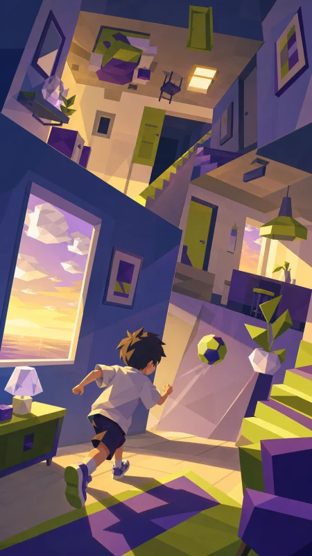 A child chasing a ball through rooms that share incompatible horizons, during ordinary activity that treats impossible geometry as normal. Character-height view where the horizon c