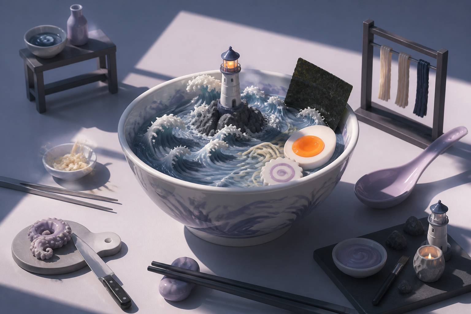 A midnight ramen bowl containing a tiny stormy ocean and lighthouse, surrounded by tiny evidence of the craft used to make it. Carefully composed tabletop still life viewed slightly from above. Pale lavender, icy blue, g