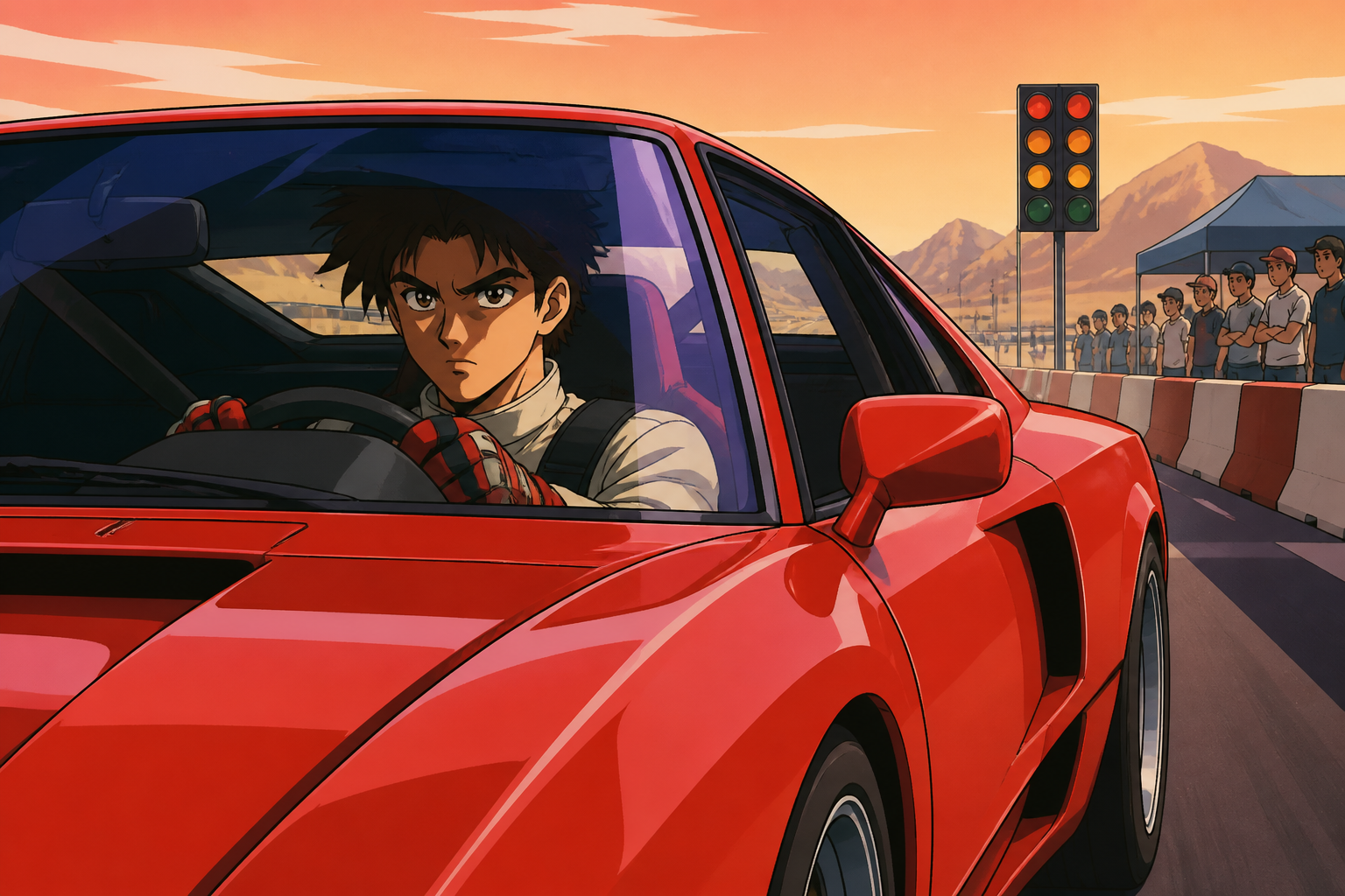 A quiet driver waiting at the start line inside a vivid retro sports car, in the tense minute before engines start and friendships pause. Starting-grid composition centered on driver emotion and machine shape. Sun-bleach