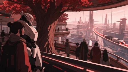 Travelers waiting inside a circular station built around an old tree, during an ordinary commute with one unexpected view. Elevated city view following one luminous route through t