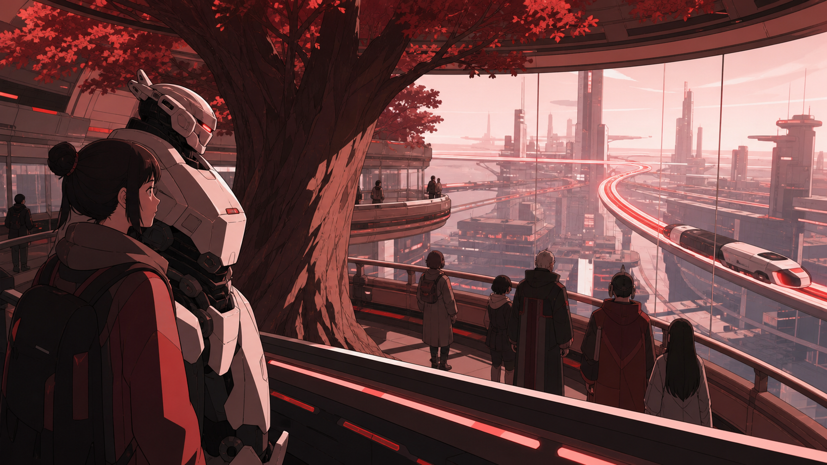 Travelers waiting inside a circular station built around an old tree, during an ordinary commute with one unexpected view. Elevated city view following one luminous route through the districts. Crimson, black cherry, mut