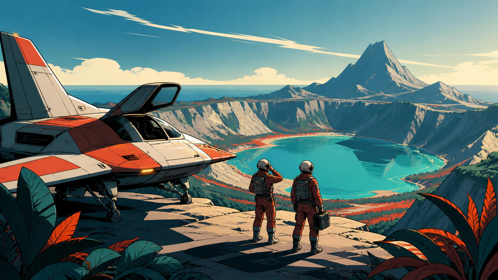 Two survey pilots landing beside a turquoise crater lake, under clear morning light with every route easy to read. Wide travel vista with a clear route from foreground to destination. Petrol blue, oxide red, industrial g