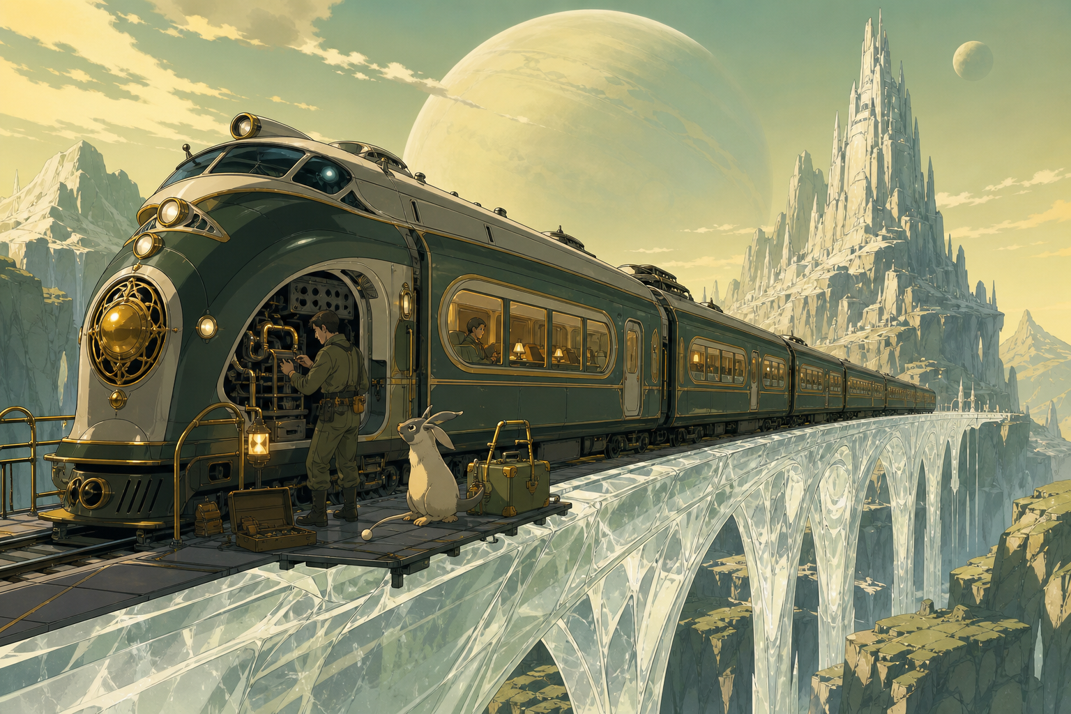 An ornate night train crossing a bridge made from frozen moonlight, undergoing a small roadside repair in a vast unfamiliar landscape. Wide travel-poster composition without typography, emphasizing destination and scale.