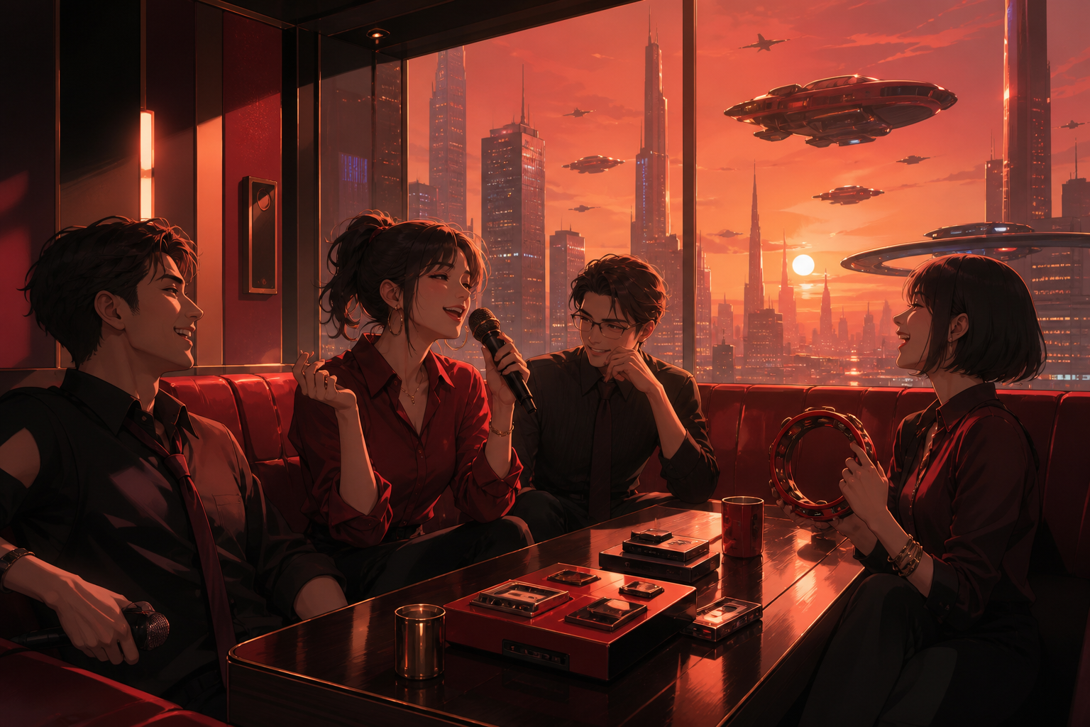Office workers relaxing at a karaoke booth overlooking airborne traffic, on a free evening when the city feels playful rather than threatening. Table-height ensemble centered on expressive reactions. Crimson, black cherr
