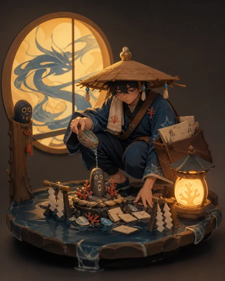 A river deity disguised as a tired rural mail carrier, performing a small ritual whose meaning is revealed through objects. Storybook narrative scene with a clear beginning and imp
