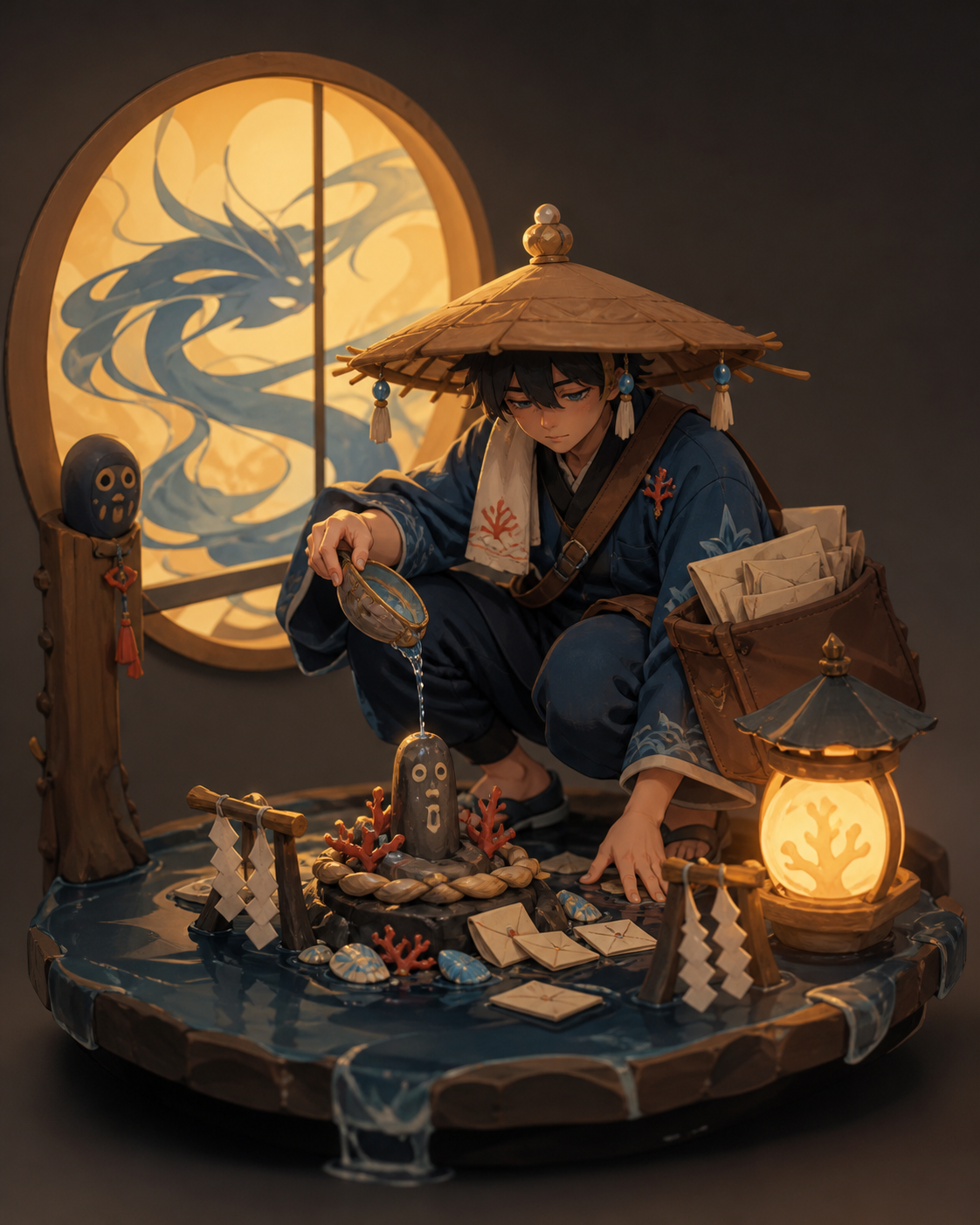 A river deity disguised as a tired rural mail carrier, performing a small ritual whose meaning is revealed through objects. Storybook narrative scene with a clear beginning and implied aftermath. Amber, walnut brown, rai