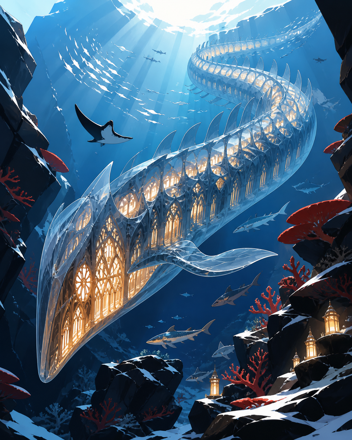 A translucent deep-sea serpent whose bones resemble a cathedral, crossing its natural habitat during a rare seasonal migration. Majestic full-body creature composition with environmental scale cues. Pine black, snow blue