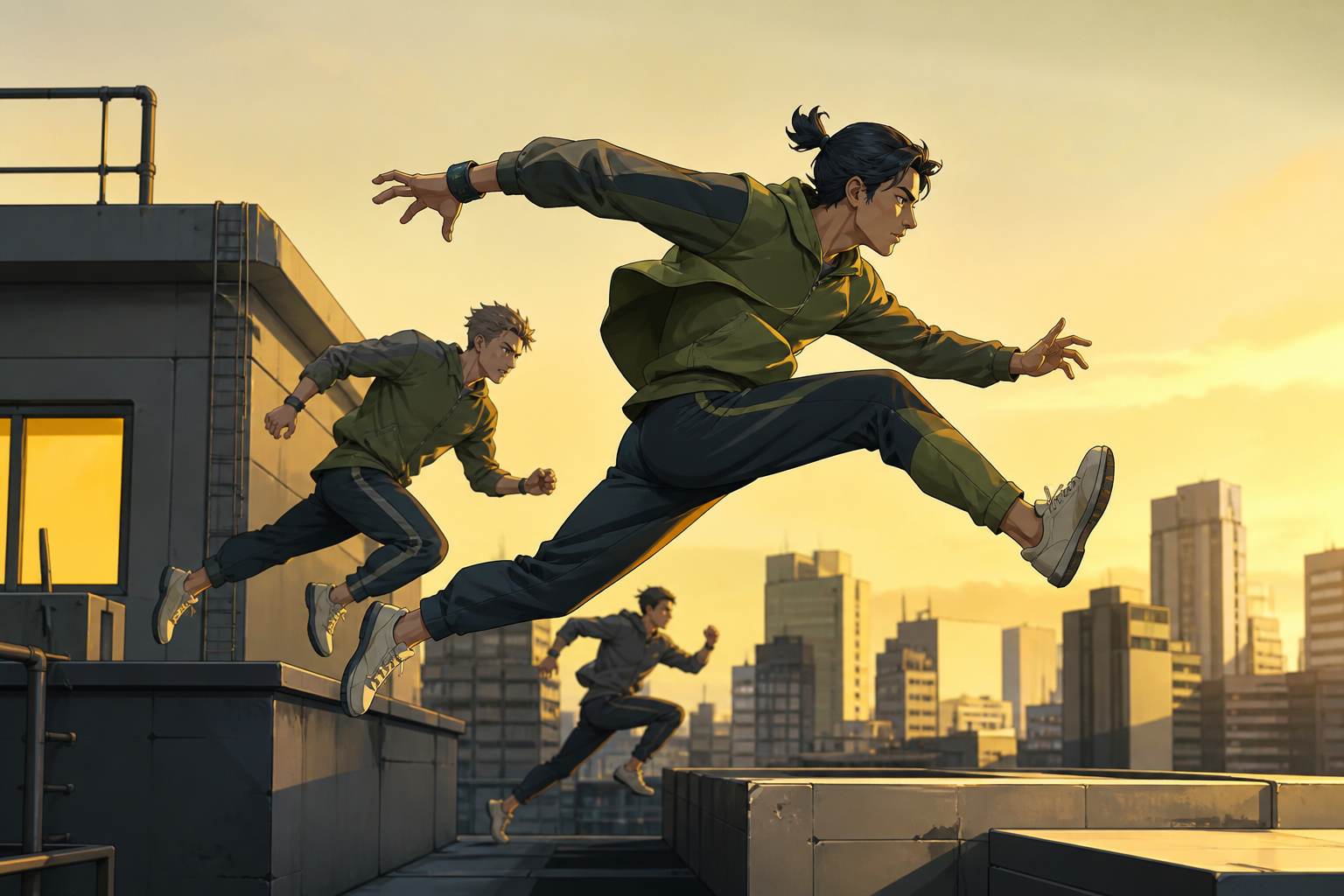 Adult rooftop runners racing across a dense sunset city, frozen at the instant of greatest balance and momentum. Long-lens frame compressing competitors and terrain into layered motion. Moss green, slate gray, mushroom c