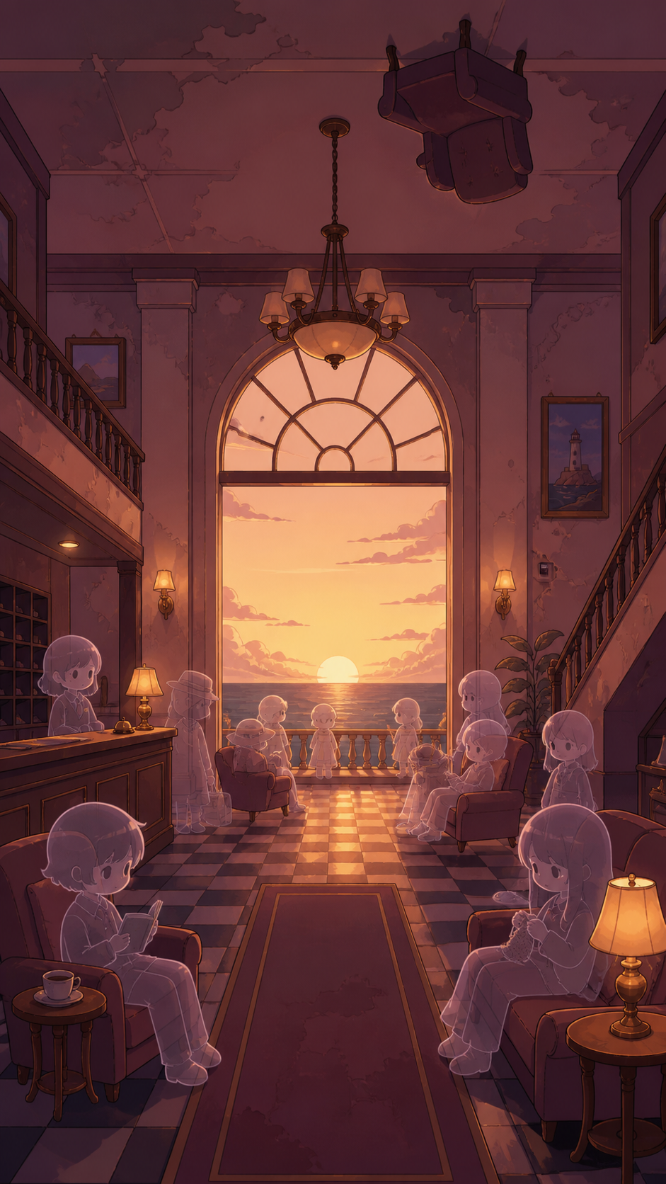 A seaside hotel where translucent guests patiently wait for sunrise, shown at the uneasy instant when something impossible becomes noticeable. Still symmetrical frame disturbed by one small impossible detail. Muted rose,