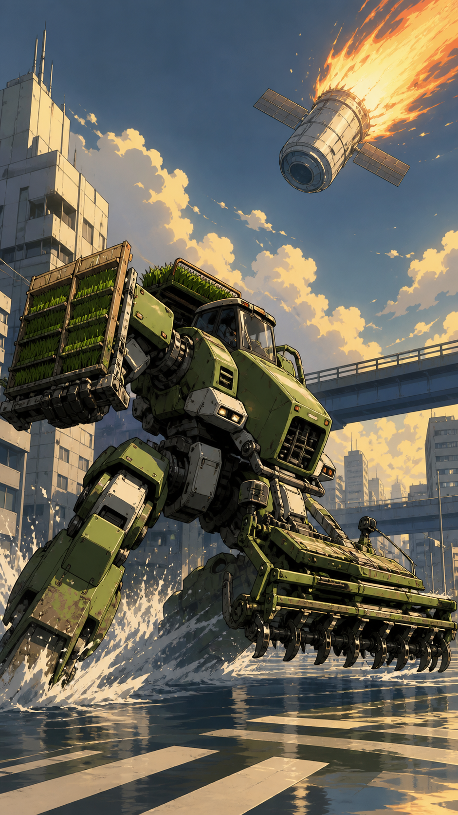 An agricultural mecha defending terraced rice fields from a falling satellite, skidding across a flooded megacity intersection during a decisive chase. Dynamic low-angle action frame with a strong diagonal movement line.