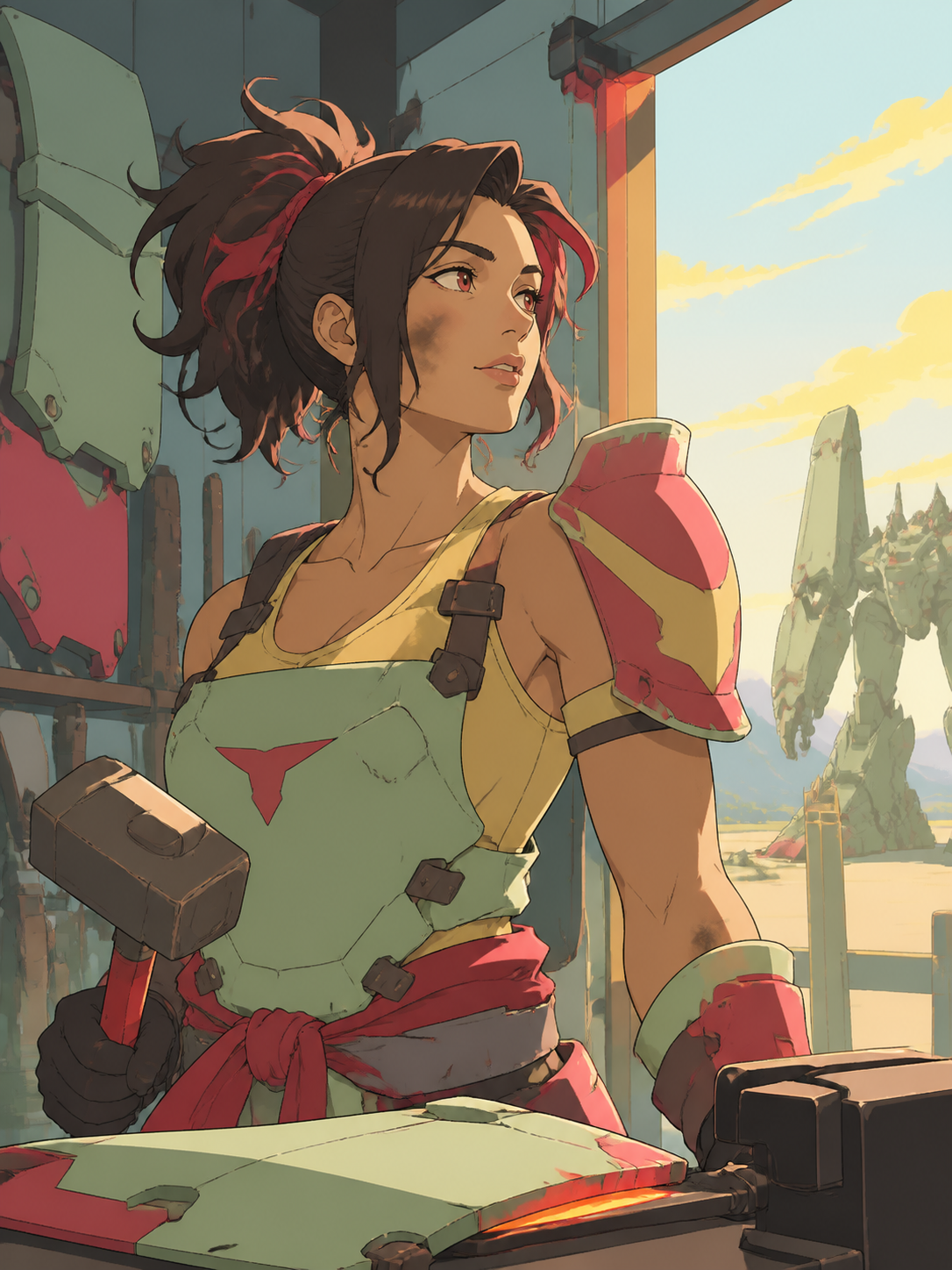 An adult woman swordsmith with soot-streaked cheeks and a calm gaze, looking just outside frame as an unexpected visitor arrives. Intimate waist-up portrait with unusual negative space and environmental context. Soft pis