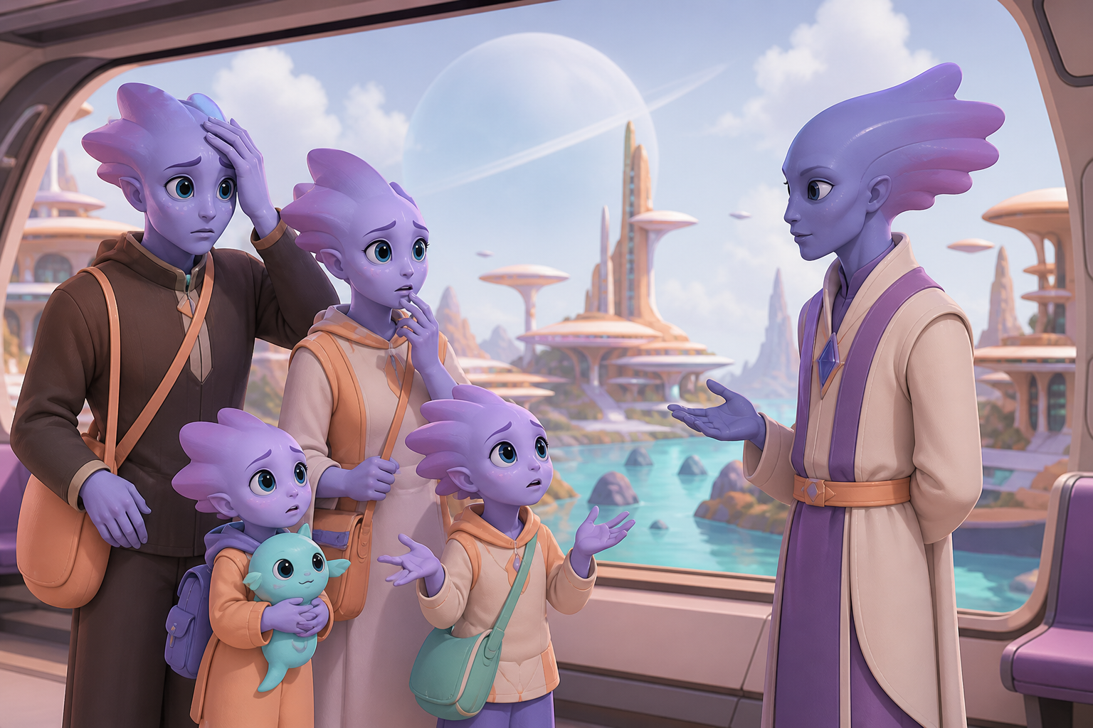 An alien family missing their stop on an interplanetary commuter ferry, as cultural differences create gentle visual comedy. Intimate two-group exchange with the unusual environment visible beyond. Apricot, orchid purple